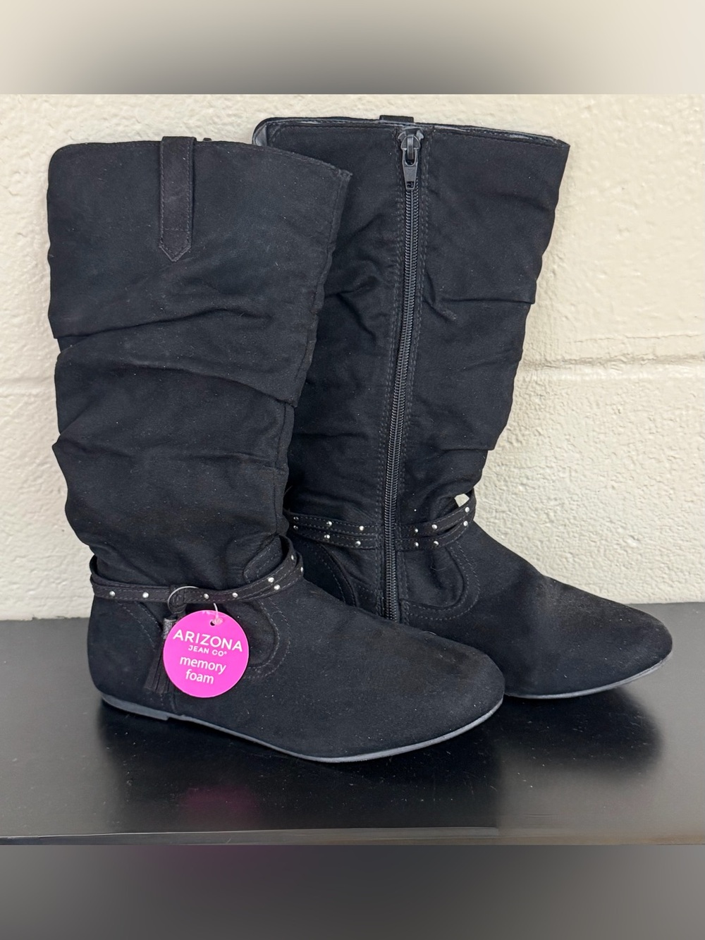 Arizona Jean Company Black Slouchy Mid-Calf Studded Strap Boots